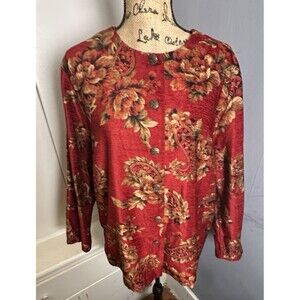 ALFRED DUNNER Chenille Tapestry Jacket Red Paisley Floral Mature Chic Women 18